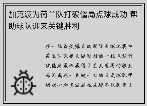 加克波为荷兰队打破僵局点球成功 帮助球队迎来关键胜利